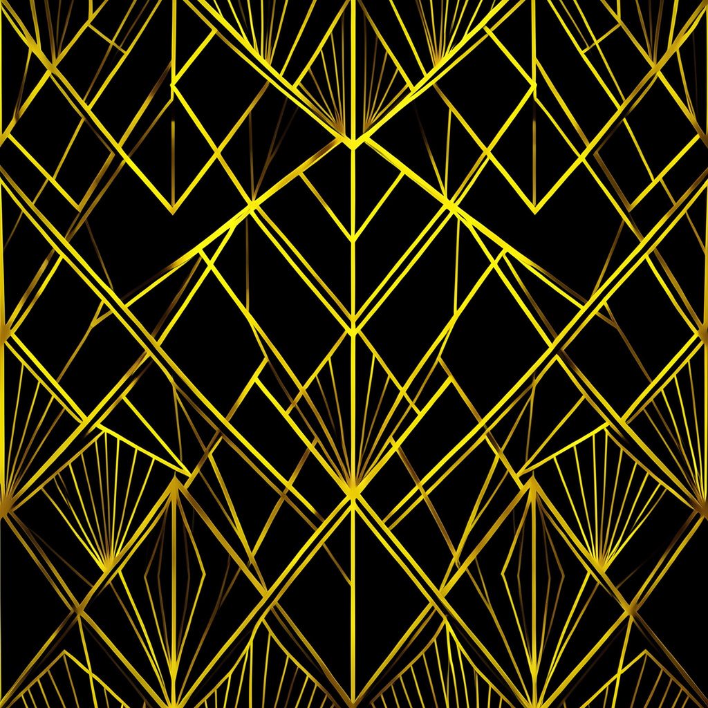 Stacked geometric chevrons in alternating black and gold creating an art-deco fan pattern