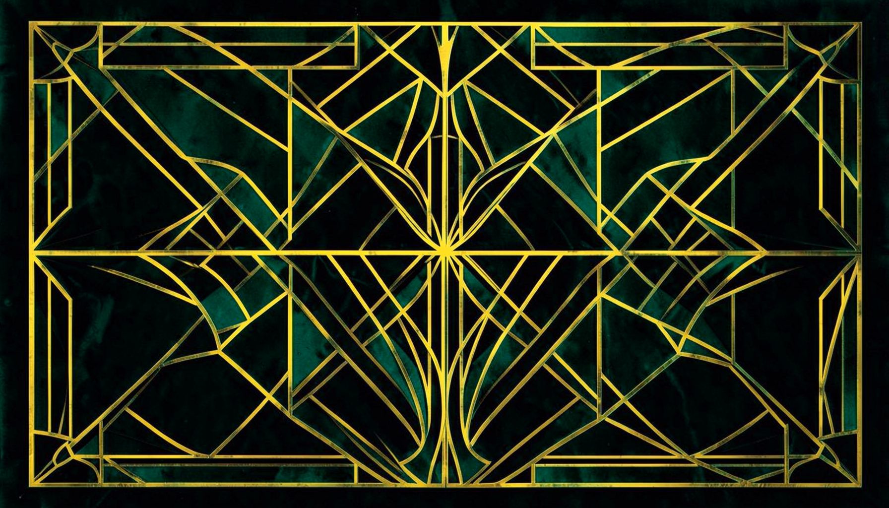 An art-deco geometric composition with symmetrical motifs in deep black and emerald green, evoking a casino velvet atmosphere.