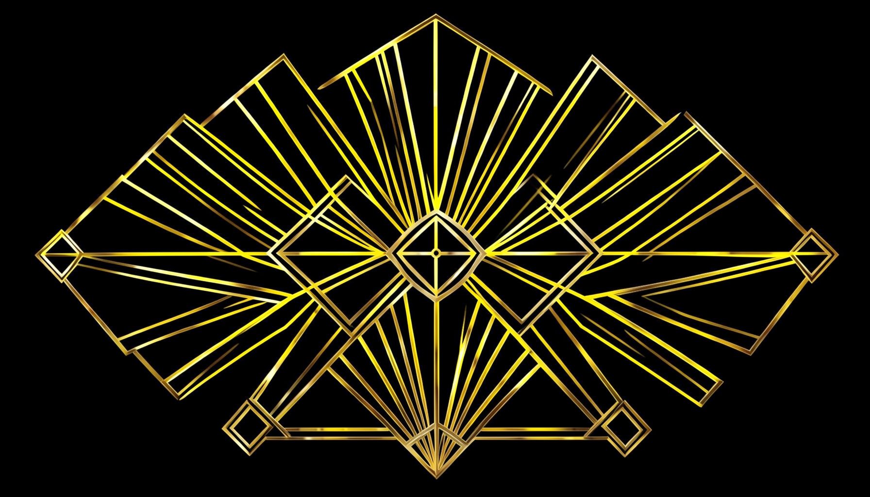 An art-deco geometric composition of symmetrical golden fan shapes and diamond medallions radiating on a black background, evoking a glamorous casino marquee