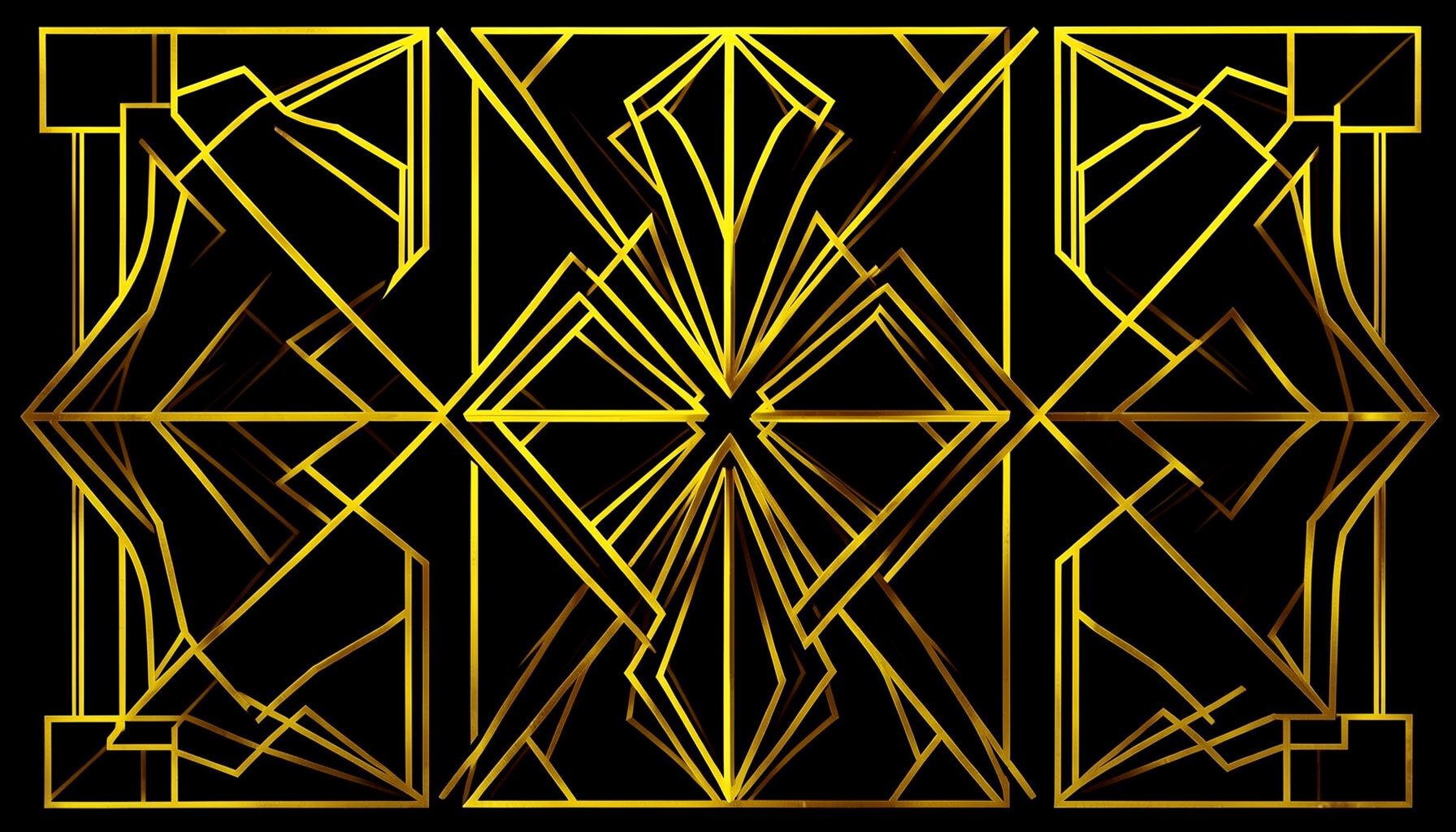 Art deco geometric composition with symmetrical motifs in deep black and gold tones, evoking a vintage casino atmosphere