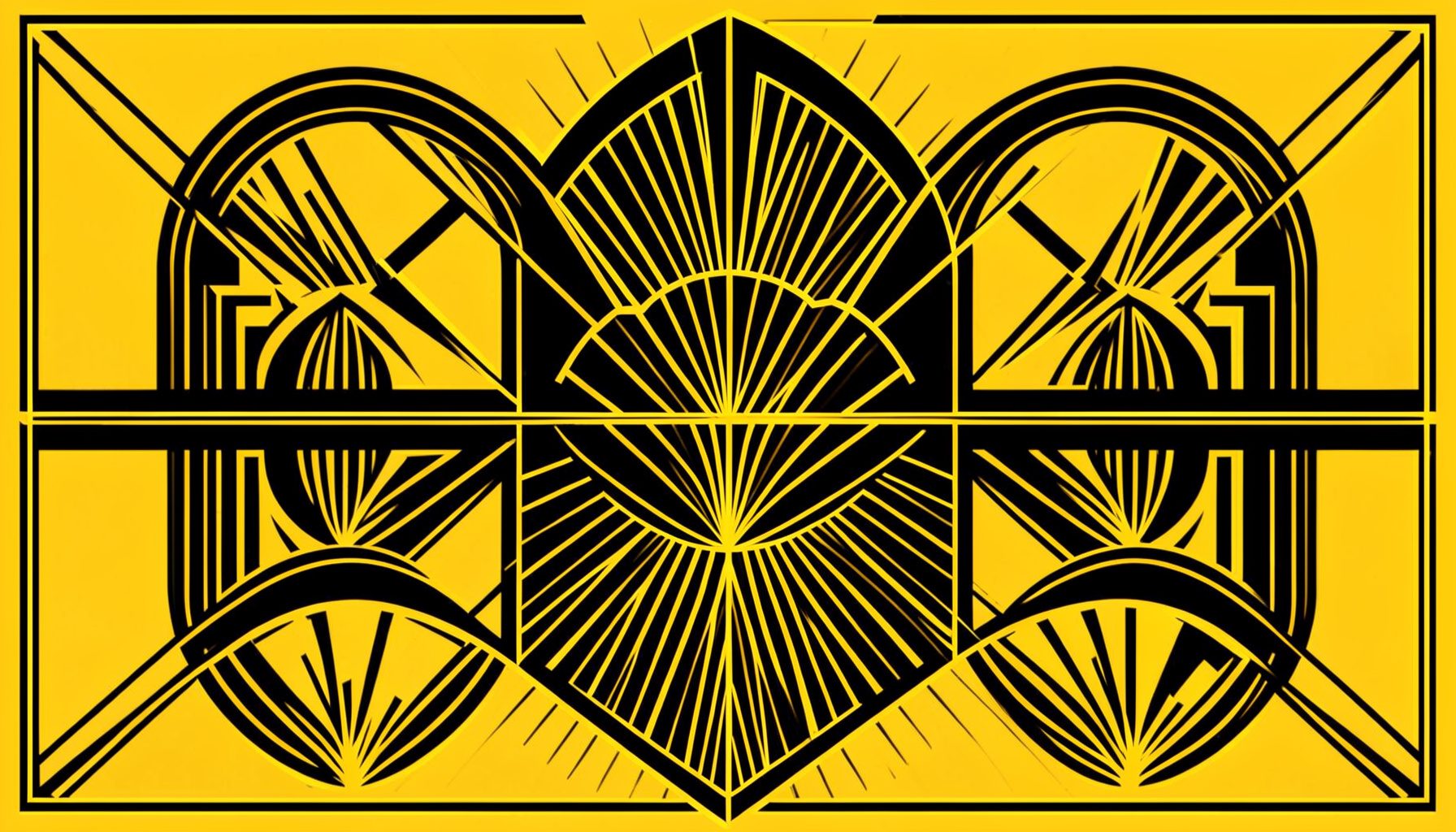 Symmetrical art-deco geometric composition in bold black and gold with stepped arches, fan motifs, and radiating sunburst lines arranged on a warm yellow background