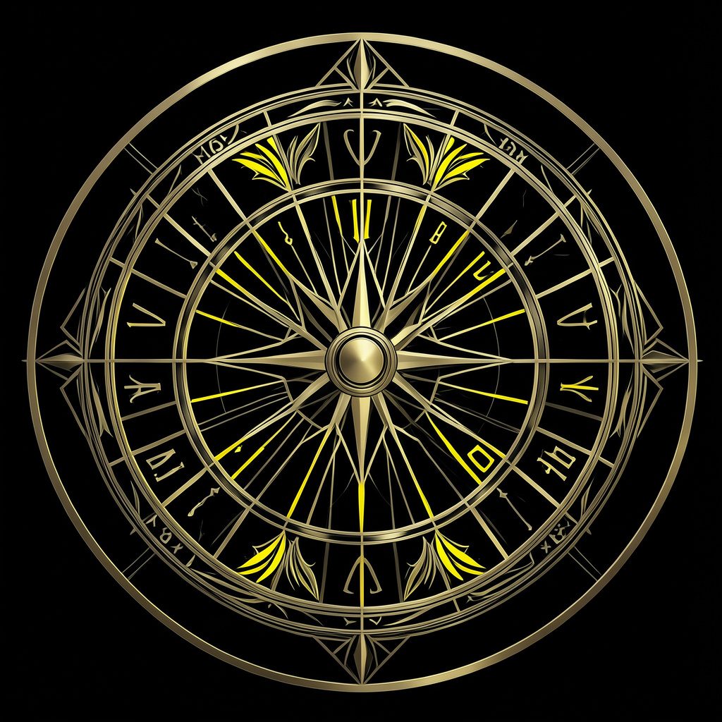 Symmetrical art-deco roulette wheel geometry rendered in monochrome gold tones against a black field