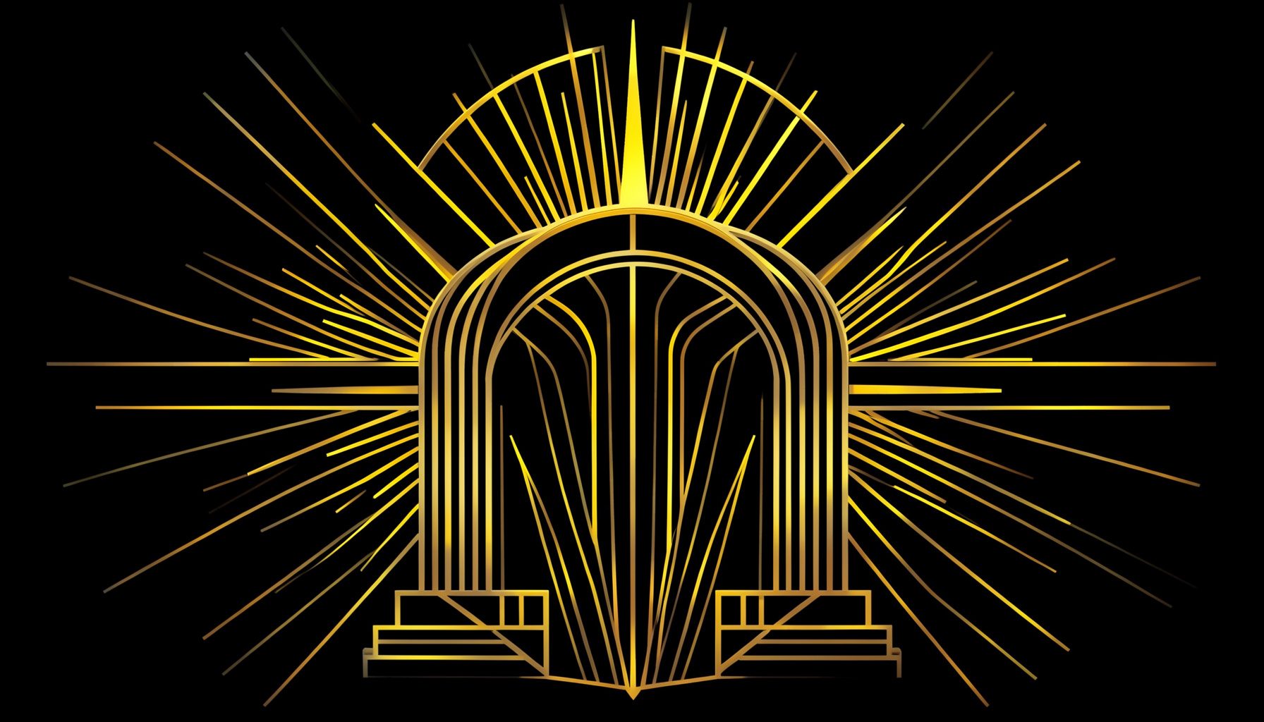 Symmetrical art-deco composition of stepped arches, sunburst rays, and metallic gold lines radiating outward on a deep black background, evoking a 1920s casino lobby.