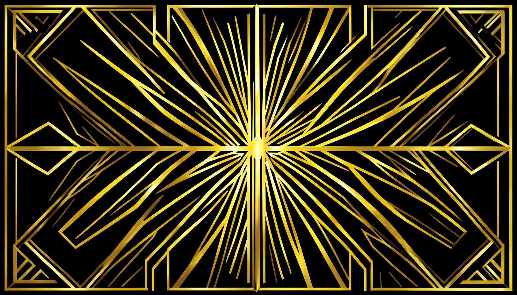 Art deco geometric composition with symmetrical chevrons and sunburst motifs in gold and black, evoking a vintage casino marquee.