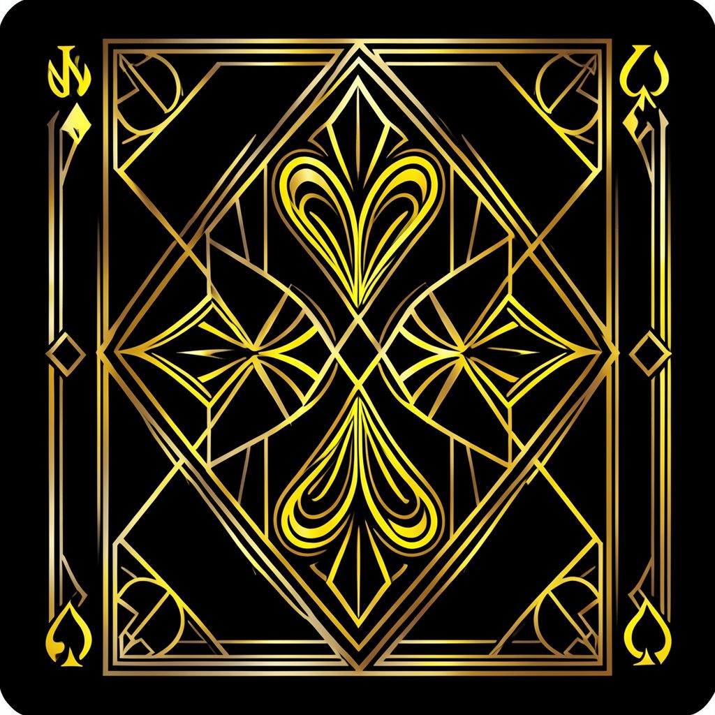 Art-deco playing card motif with diamond and spade shapes in black and gold symmetrical layout