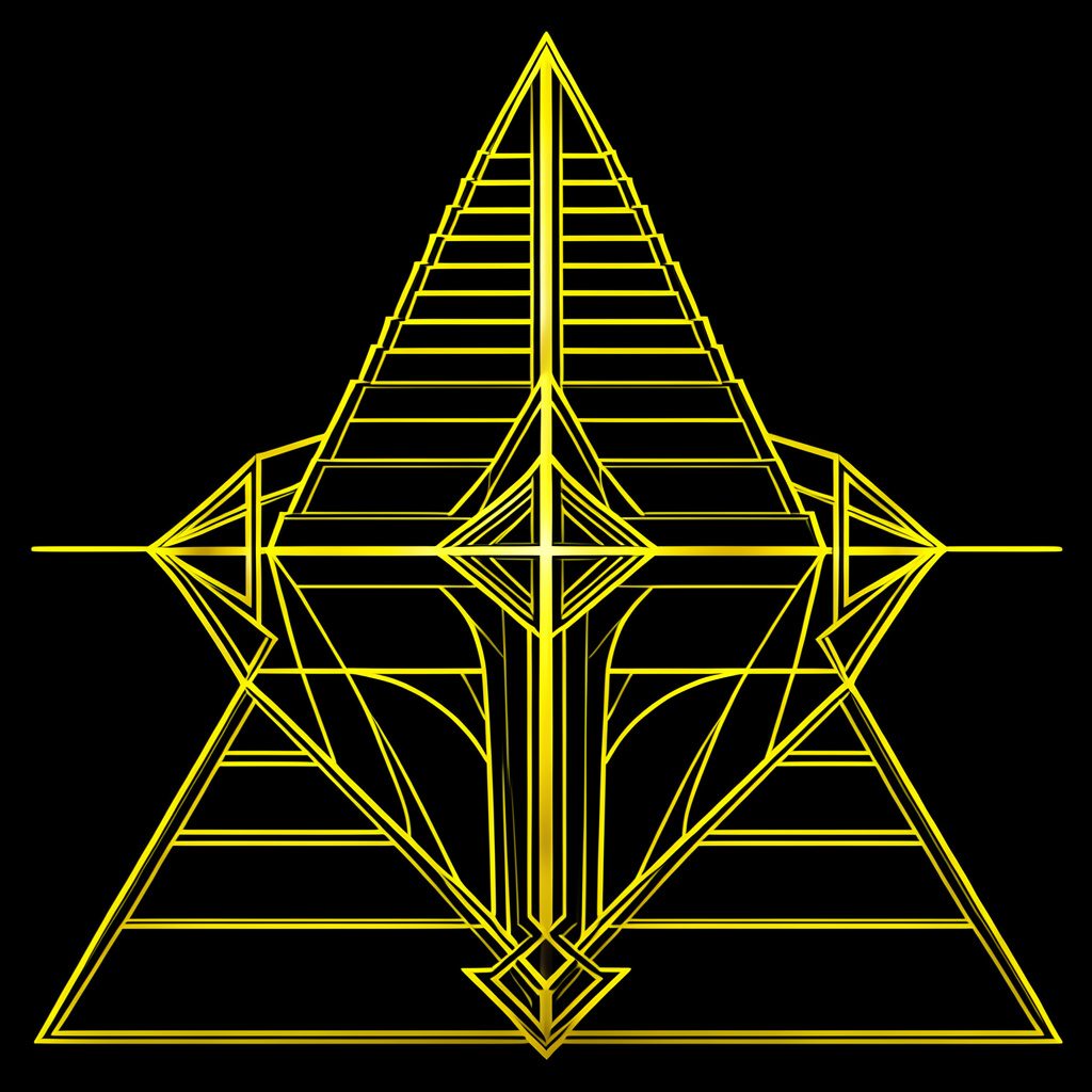 Art-deco stepped ziggurat silhouette mirrored along a central axis in black with yellow highlights